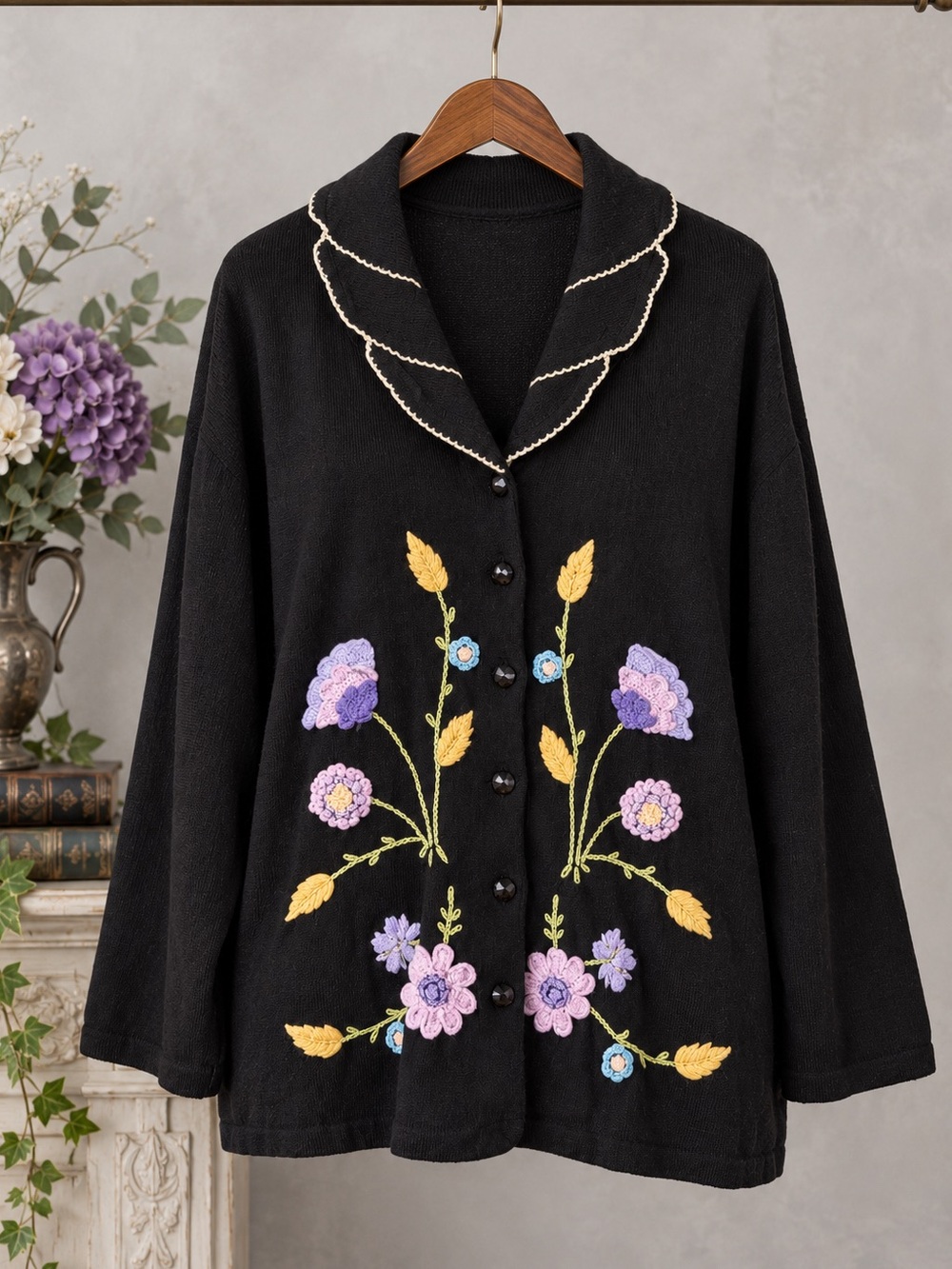 Vintage 90s Storybook Knits English Garden Floral Cardigan Dark Romantic L